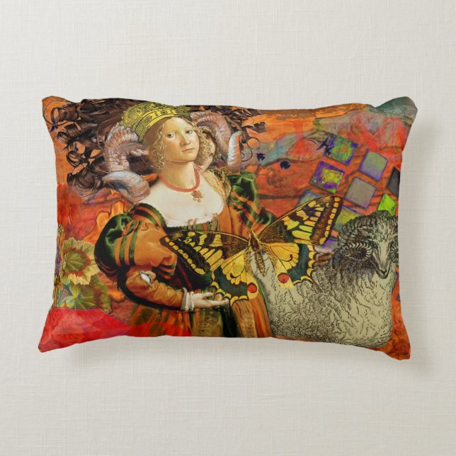 Aries Orange Women: Gothic Ram Antique Art Collage Zierkissen (Rückseite)
