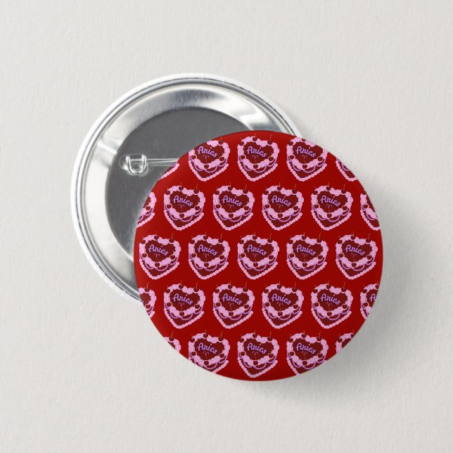 Aries-Sternzeichen-Schmetterlings-Herz-Geburtstags Button (Vorne & Hinten)