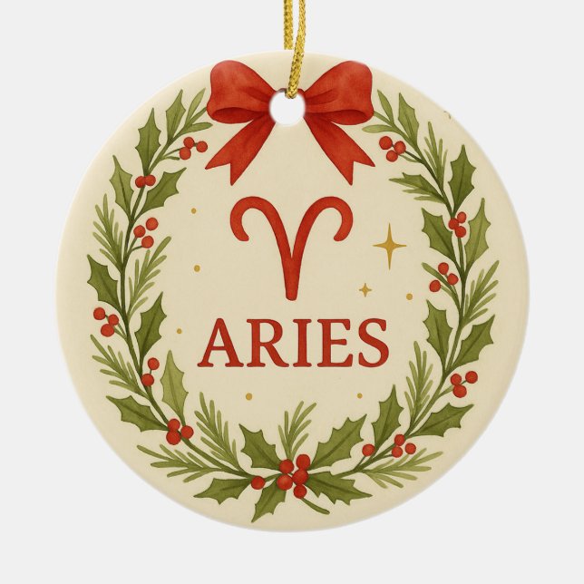 Aries Zodiac Christmas Ornament – Festive Holly Wr (Vorne)