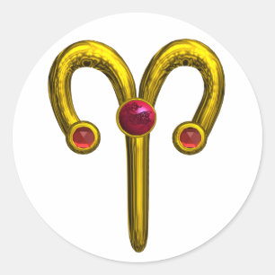 ARIES ZODIAC GEBURTSTAGSIGN ,GOLD JEWEL MIT RUBY RUNDER AUFKLEBER