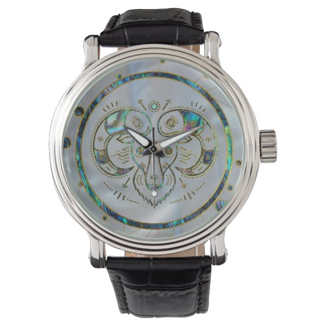 Aries Zodiac Gold Abalone auf Konstellation Armbanduhr (Vorderseite)