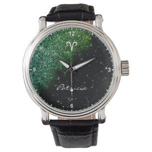Aries Zodiac Sign Aquamarin Green Glitzer Stars Na Armbanduhr
