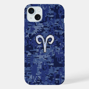 Aries Zodiac Sign auf Navy Blue Digital Camouflage iPhone 15 Plus Hülle