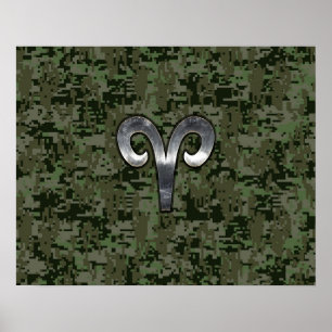 Aries Zodiac Sign auf Woodland Green Digital Camou Poster