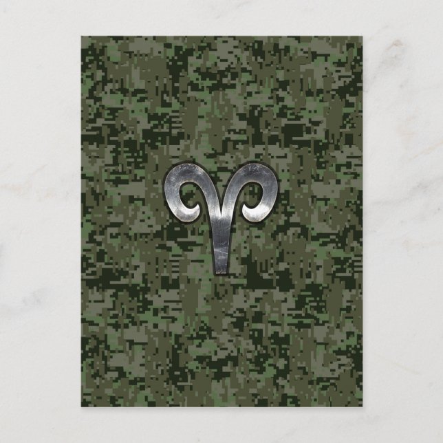 Aries Zodiac Sign auf Woodland Green Digital Camou Postkarte (Vorderseite)