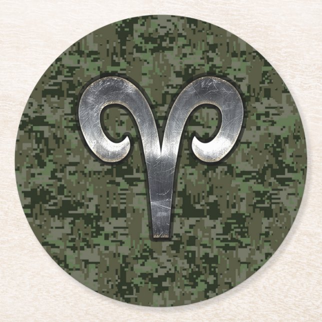 Aries Zodiac Sign auf Woodland Green Digital Camou Runder Pappuntersetzer (Vorderseite)