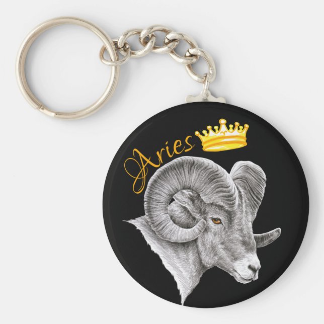 Aries Zodiac Sign Bighorn Ram und Crown Animal Art Schlüsselanhänger (Vorne)