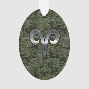 Aries Zodiac Sign on Woodland Style Digital Camo Ornament