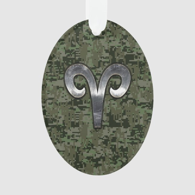 Aries Zodiac Sign on Woodland Style Digital Camo Ornament (Vorderseite)
