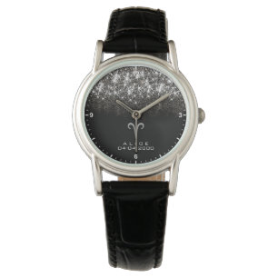 Aries Zodiac Sign Silver Glitzer Stars Geburtsdatu Armbanduhr