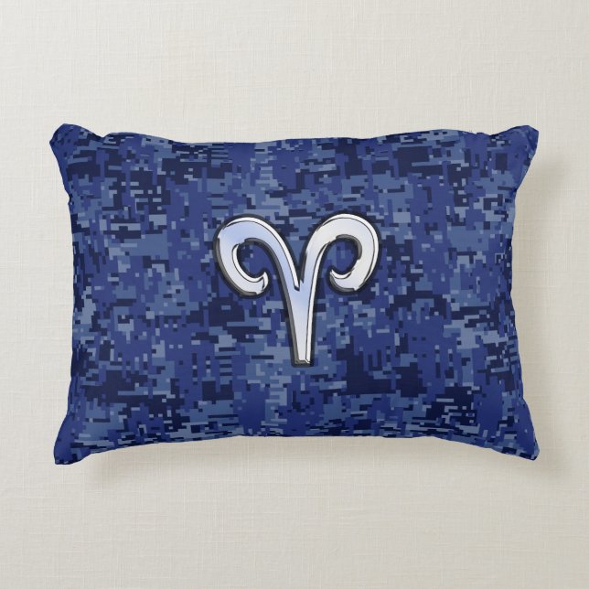Aries Zodiac-Symbol auf Navy Blue Digital-Camoufla Dekokissen (Vorderseite)