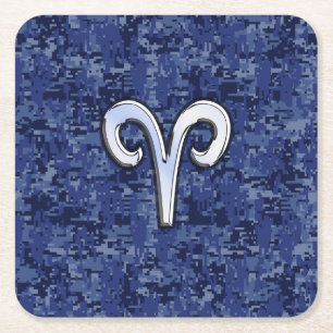 Aries Zodiac-Symbol auf Navy Blue Digital-Camoufla Rechteckiger Pappuntersetzer