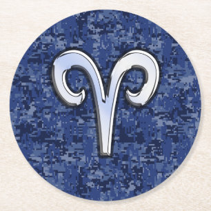 Aries Zodiac-Symbol auf Navy Blue Digital-Camoufla Runder Pappuntersetzer