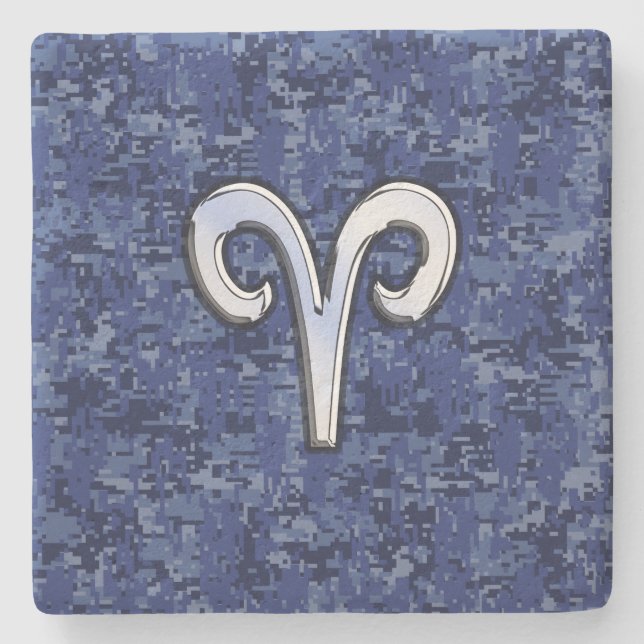 Aries Zodiac-Symbol auf Navy Blue Digital-Camoufla Steinuntersetzer (Vorderseite)
