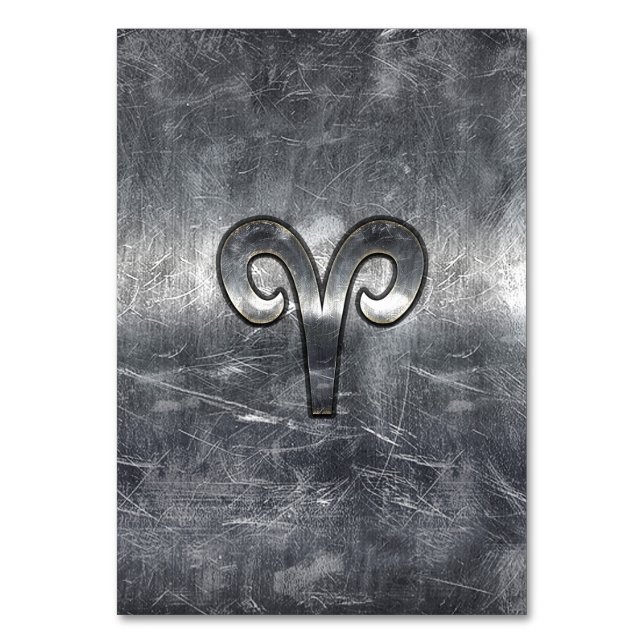 Aries Zodiac Symbol in Silver Distressed Style Tischnummer (Vorderseite)