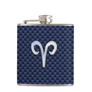 Aries Zodiac Symbol Navy Blue Carbon Fibre Style Flachmann