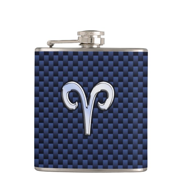 Aries Zodiac Symbol Navy Blue Carbon Fibre Style Flachmann (Vorderseite)