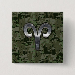 Aries Zodiac Symbol Woodland Digital Camouflage Button