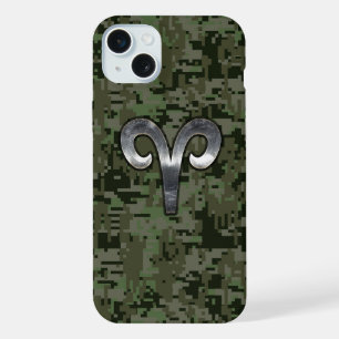 Aries Zodiac Symbol Woodland Digital Camouflage iPhone 15 Plus Hülle