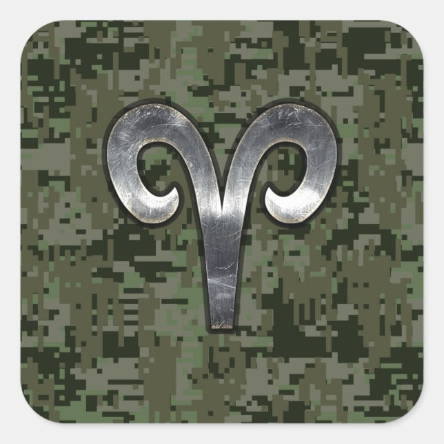 Aries Zodiac Symbol Woodland Digital Camouflage Quadratischer Aufkleber (Vorderseite)
