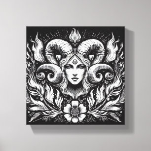 Aries-Zodiak-Göttin mit Widderhörnern – Mystisch Leinwanddruck