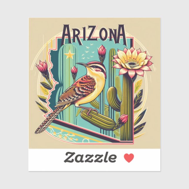 Arizona Cactus Wren und Staat Blume Art Deco Aufkleber (Blatt)