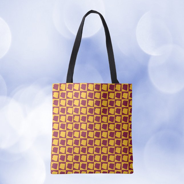 Arizona Checkered Maroon and Gold Pattern (A tote bag with a maroon and gold pattern featuring the US state of Arizona.)