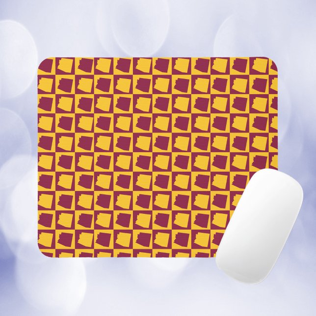 Arizona Checkered Maroon and Gold Pattern Mousepad (A mousepad with a maroon and gold pattern featuring the US state of Arizona.)