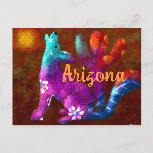 Arizona Coyote Abstrakt Art Saguaro Cactus Desert Postkarte (Vorderseite)