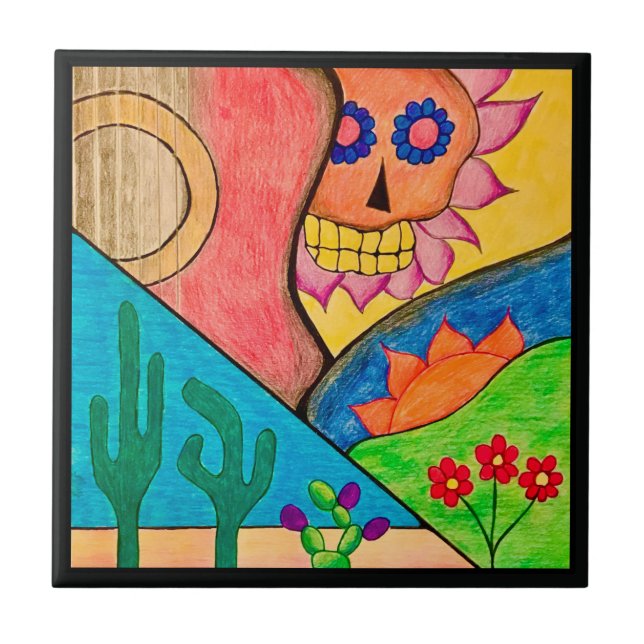 Arizona Desert Cactus Guitar Skull Fliese (Vorderseite)