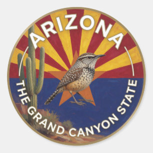 🌵 Arizona-Flagge und Kakteen-Zaunkönig Südwestlic Runder Aufkleber