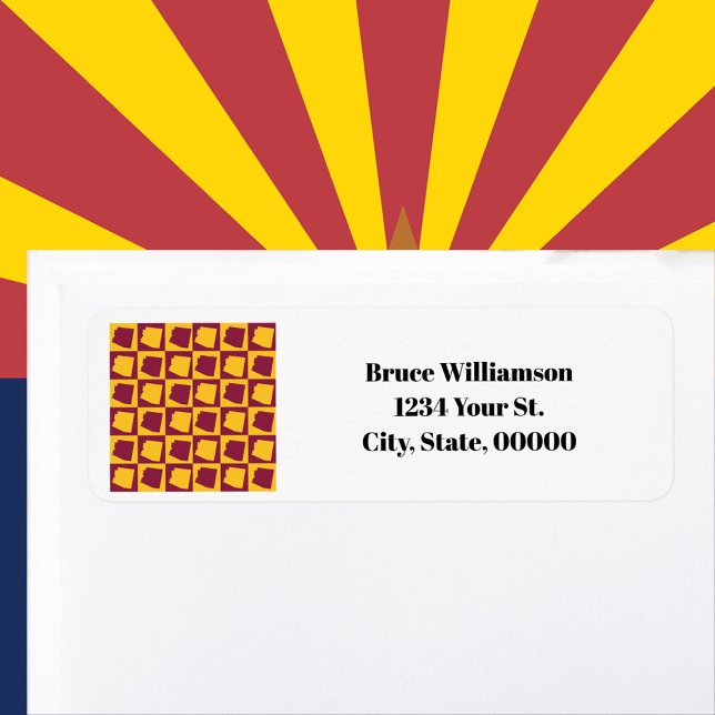 Arizona Maroon Gold Personalisierte Rücksendeadres (A return address label with a maroon and gold pattern featuring the US state of Arizona.)