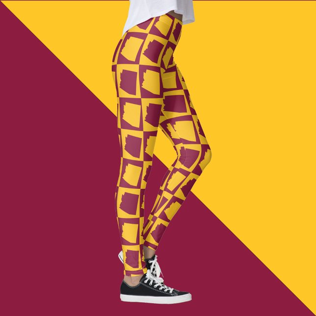Arizona Pop Art Geometric Maroon Gold Pattern Leggings (A pair of leggings with a maroon and gold pattern featuring the US state of Arizona.)