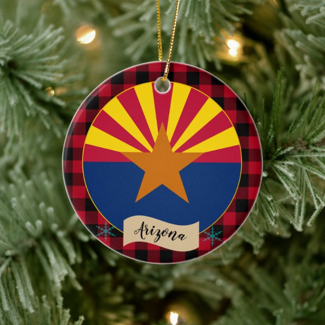 Arizona, Red buffalo kariert & Arizona Flag, USA Keramik Ornament (Baum)