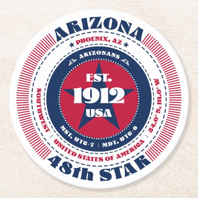 Arizona Red White Blue Typografie Runder Pappuntersetzer (Vorderseite)
