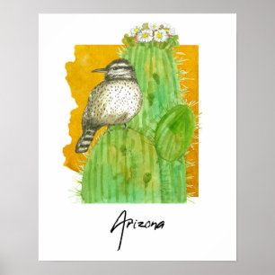 Arizona Saguaro blühender Kaktus Zaunkönig Vogel Poster