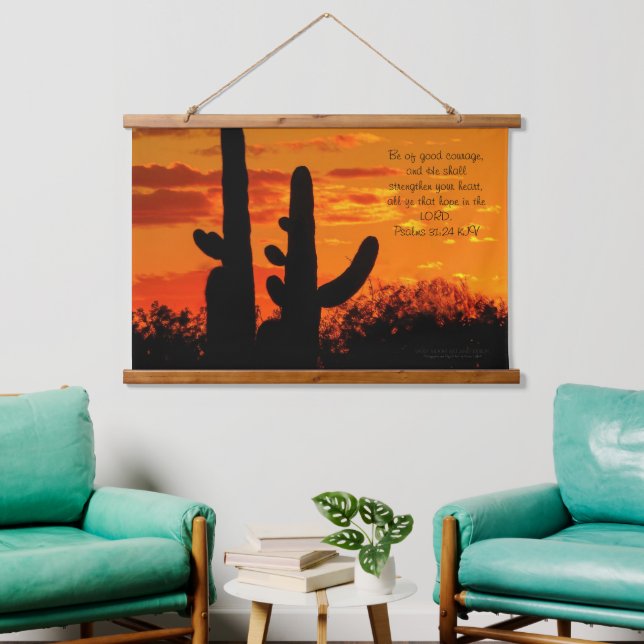 Arizona Saguaro Cacti mit leuchtend orangefarbenem Wandteppich Mit Holzrahmen (Wohnzimmer)
