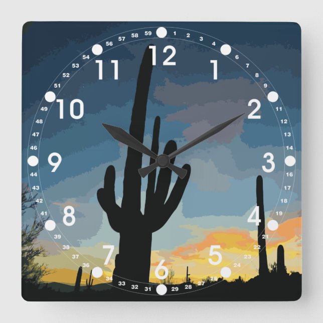 Arizona Saguaro Cactus Southwestern Sunset Quadratische Wanduhr (Vorderseite)
