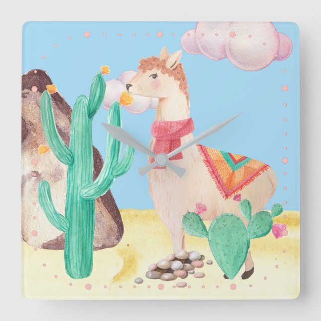 Arizona Wüste LIama Kaktus Blume Natur Quadratische Wanduhr (Vorderseite)