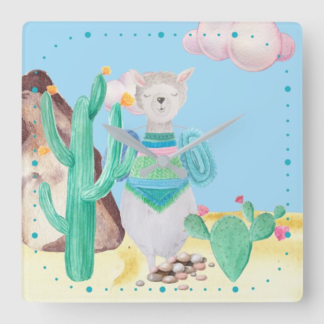 Arizona Wüste LIama Kaktus Blume Natur Quadratische Wanduhr (Vorderseite)