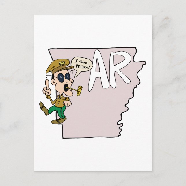 Arkansas AR Map & Douglas MacArthur Cartoon Postkarte (Vorderseite)