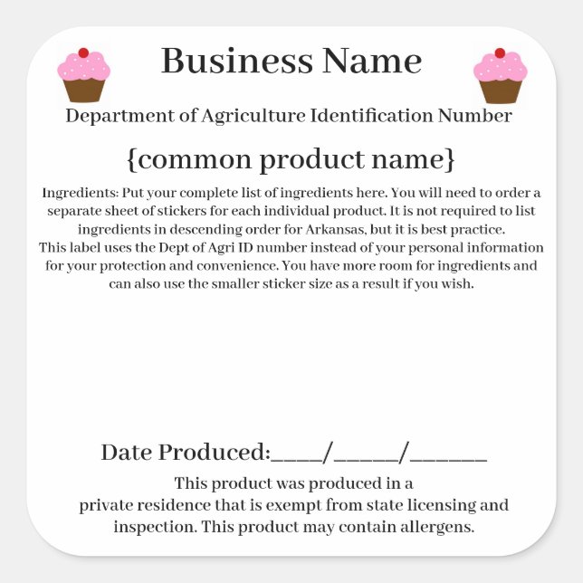 Arkansas Hütte Law/ Food Freedom Act 2021 w/ID# Quadratischer Aufkleber (Vorderseite)