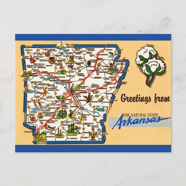 Arkansas Map Farbenfrohe Vintage Postkarte (Vorderseite)