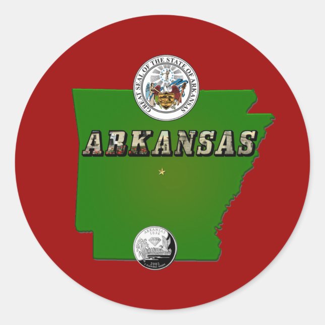 Arkansas Map, Siegel und Staat Imitate Quarter Runder Aufkleber (Vorderseite)