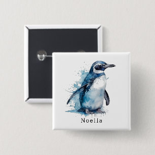 Arktis Azurblauer Wasserfarben-Pinguin, individuel Button