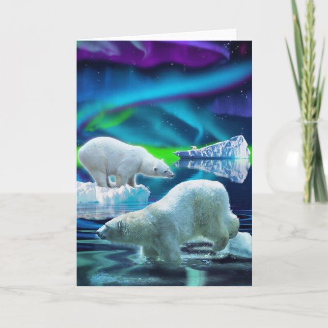 Arktische Eisbären u. Aurora-Kunst-Gruß-Karten Karte (Vorderseite)