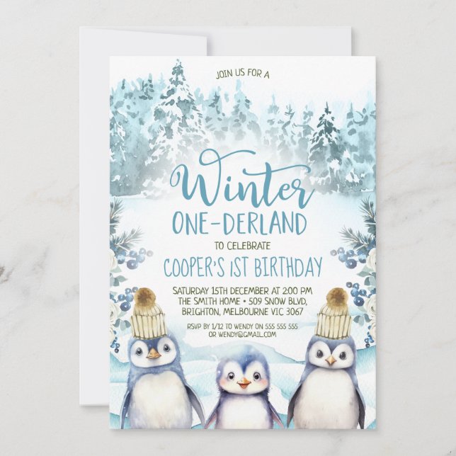 Arktische Pinguine Winter Onederland Geburtstag Einladung (Vorderseite)