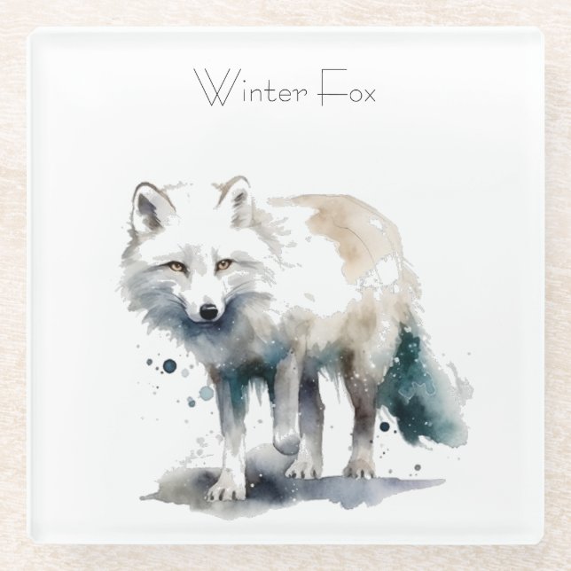 Arktische Schönheit: Winter Fox Custom Glasuntersetzer (Vorderseite)