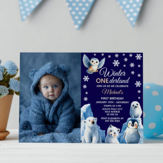 Arktische Tiere Winter Kids's erstes Foto zum Gebu Einladung