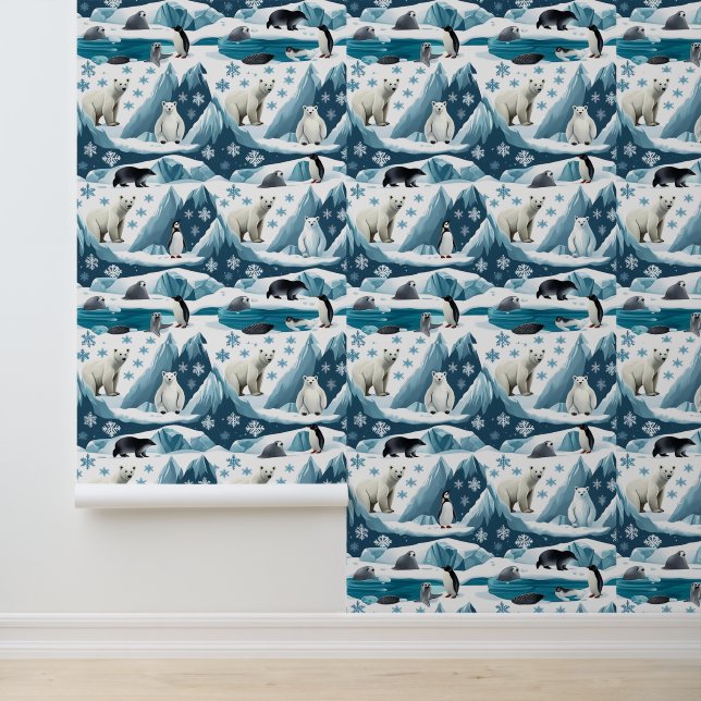 Arktische Tiere Winter Wonderland Peel and Stick Tapete (Anwendung)